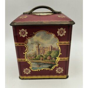 Vintage Red Decorative Biscuit Tin With Scenic Castle Motifs and Handle